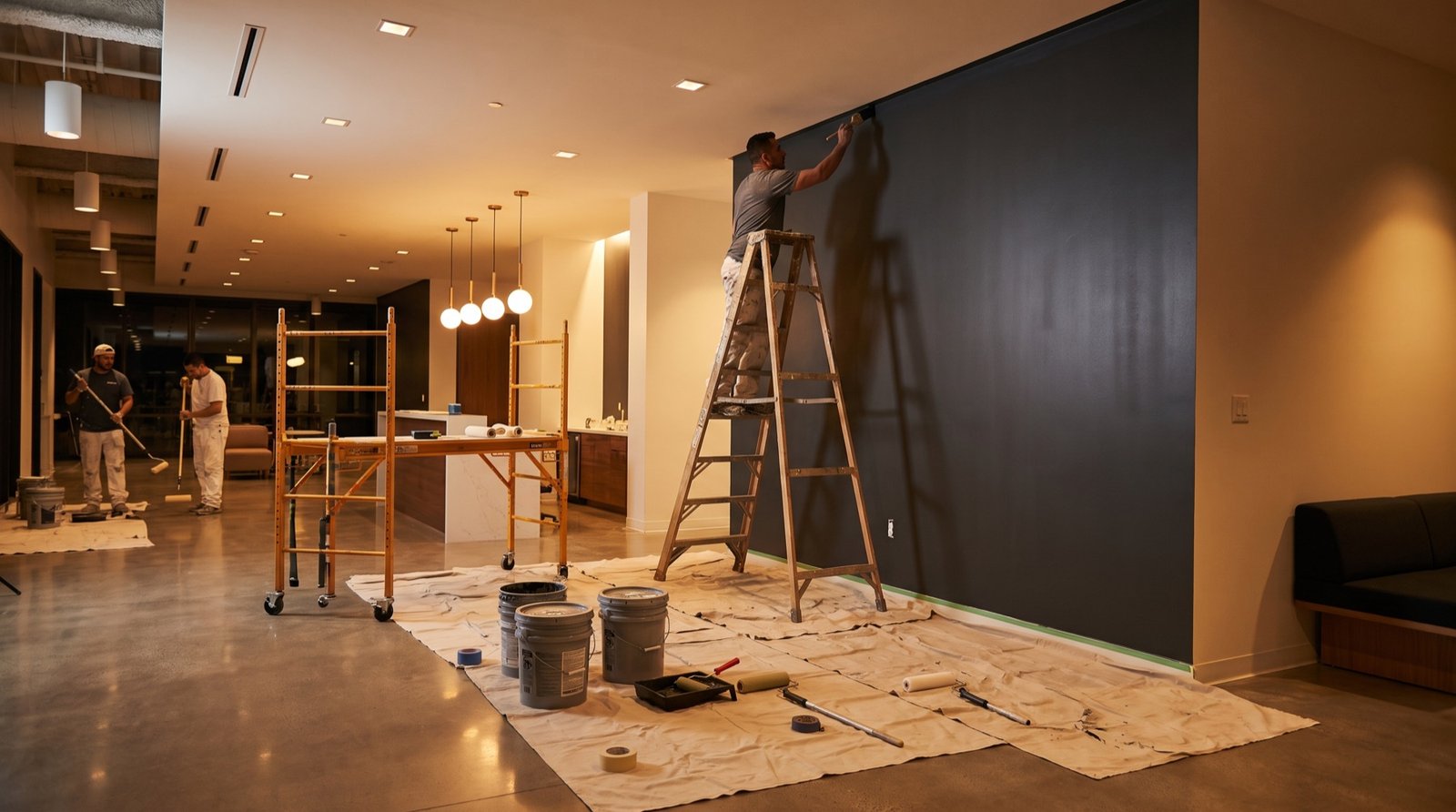 Commercial crew painting a modern office lobby