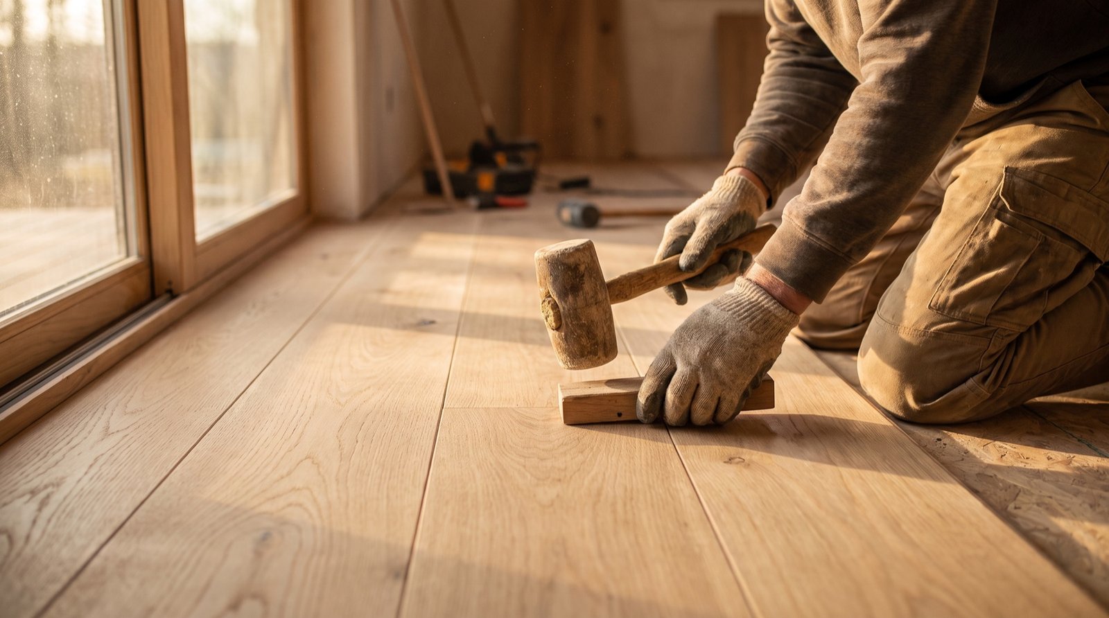 Craftsman installing wide-plank oak flooring