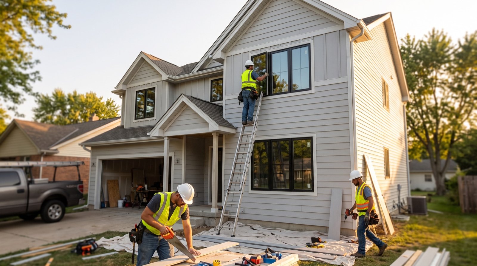 Crew installing new siding and black-framed windows