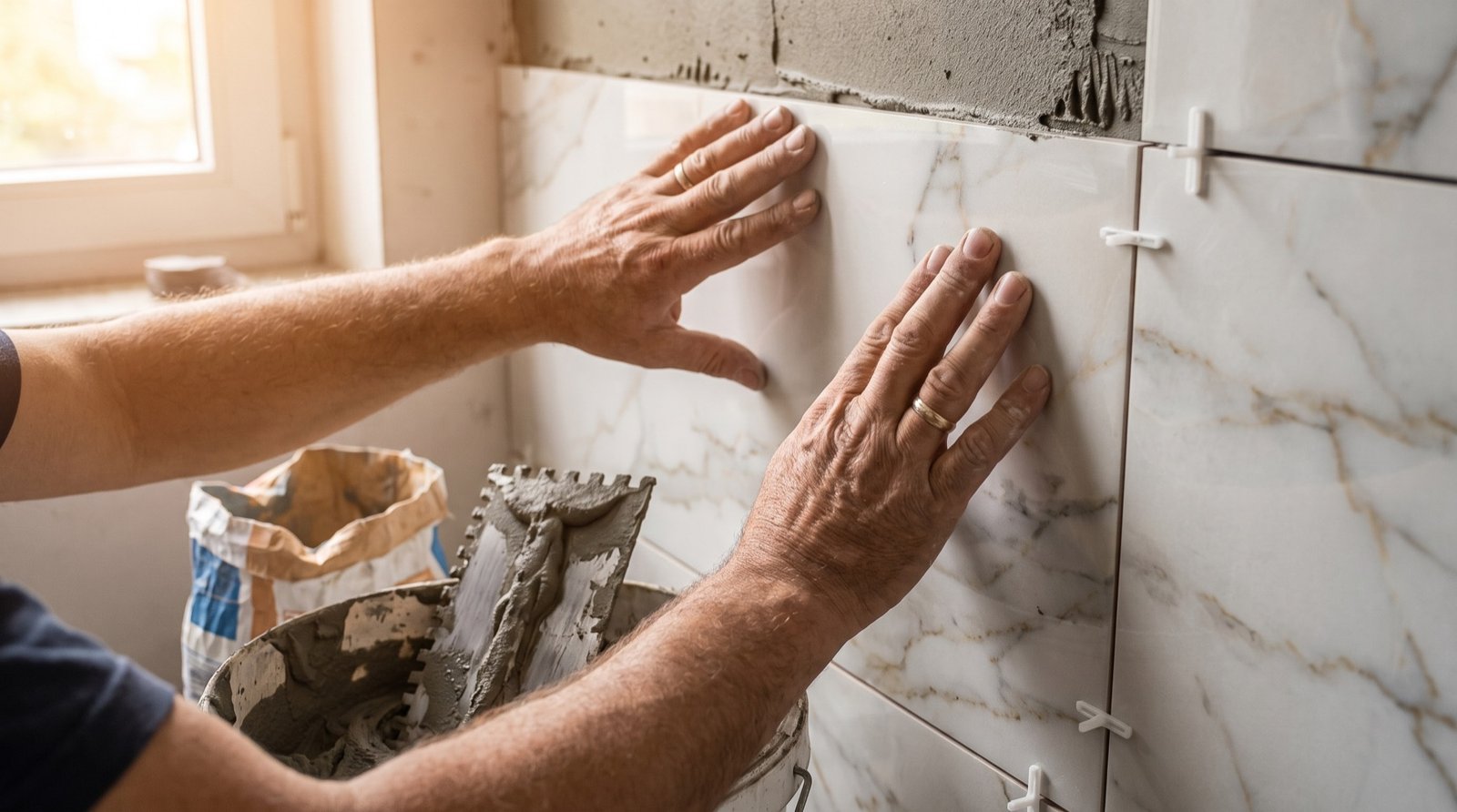 Tile setter placing large-format porcelain tile